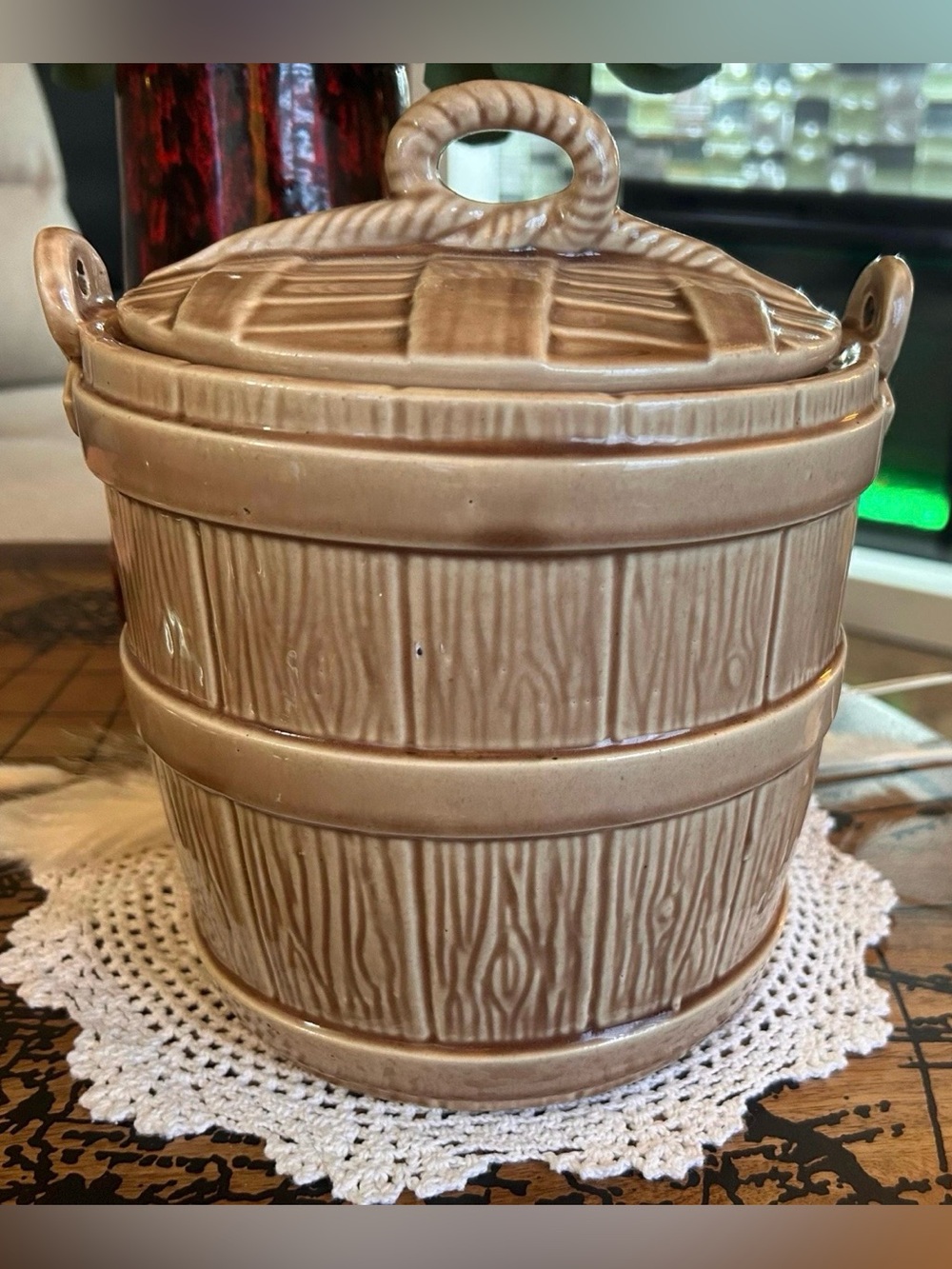 Vintage McCoy Pottery "Oaken Bucket" cookie jar, produced in the 1950s